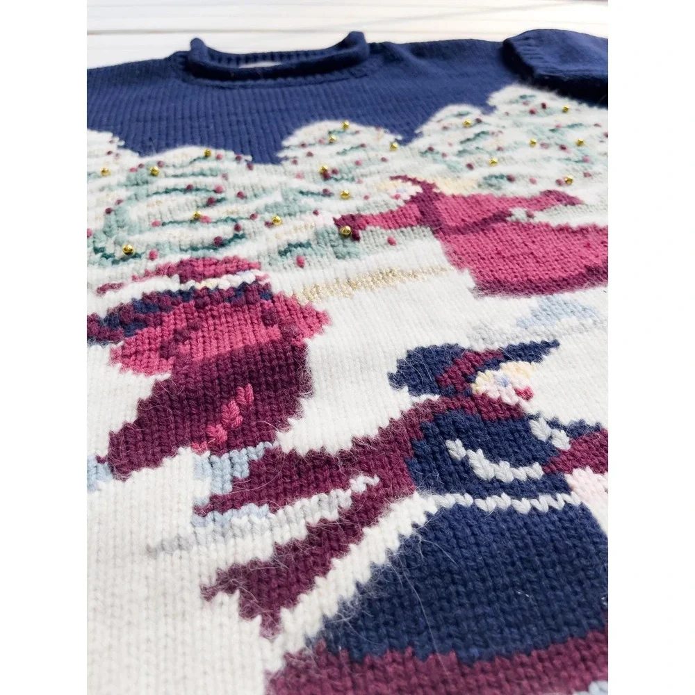 vtg Karen Scott ice skating hand knit Christmas wool sweater size L‎